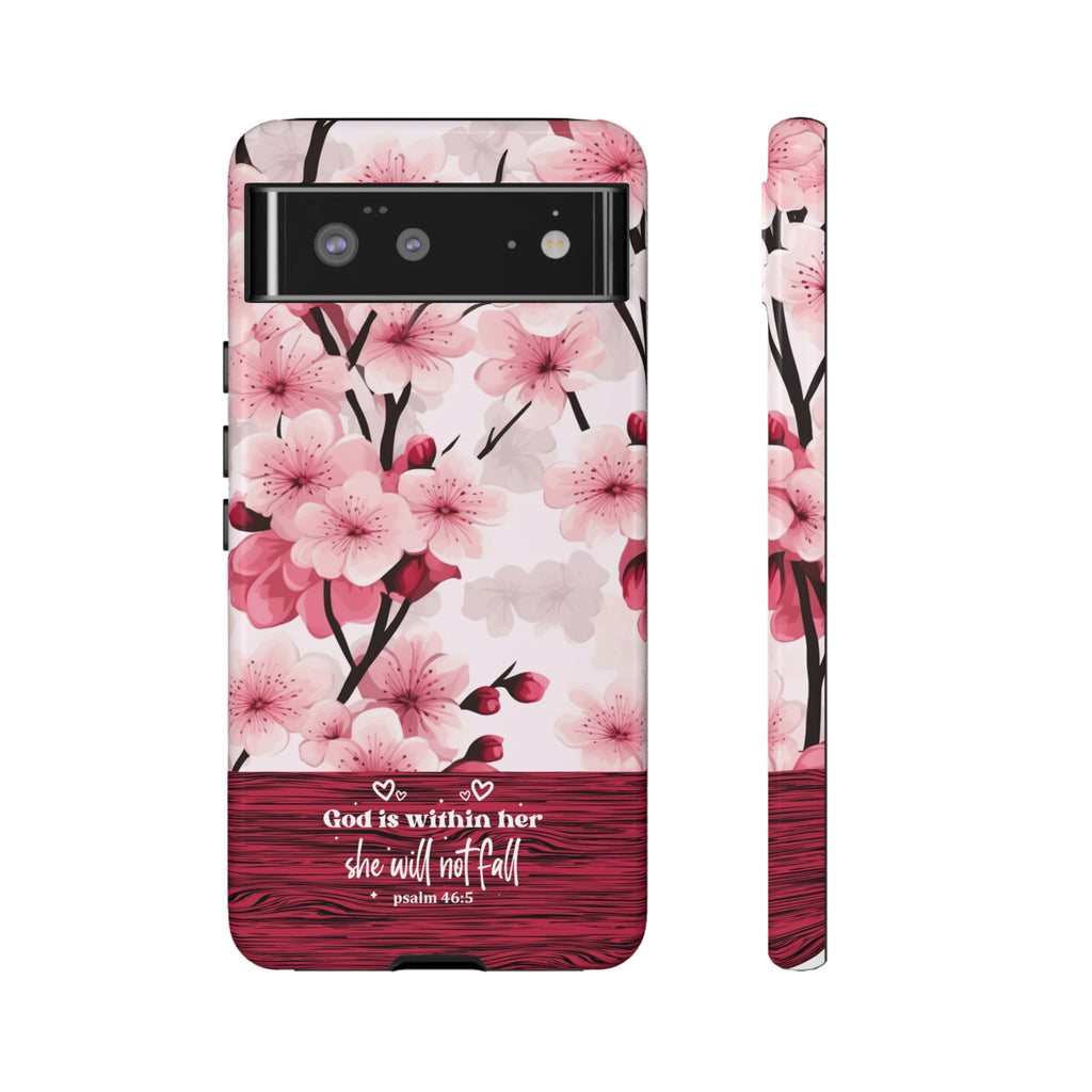 God Is Within Her Psalm 46:5 Floral Cherry Blossom Premium Christian iPhone Samsung Galaxy Google Pixel Phone Case