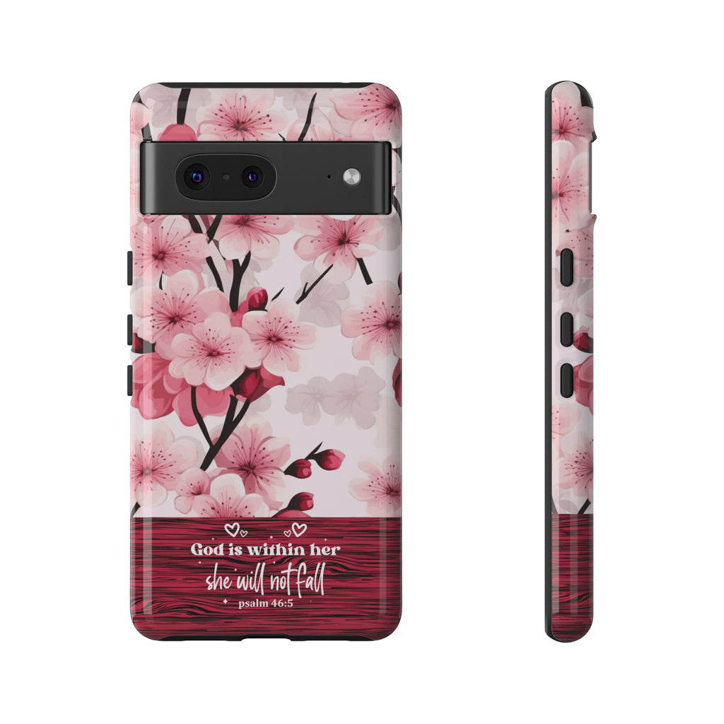 God Is Within Her Psalm 46:5 Floral Cherry Blossom Premium Christian iPhone Samsung Galaxy Google Pixel Phone Case