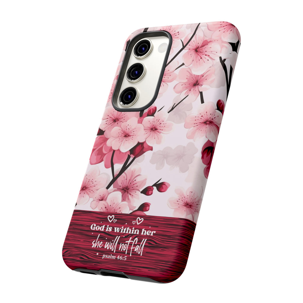 God Is Within Her Psalm 46:5 Floral Cherry Blossom Premium Christian iPhone Samsung Galaxy Google Pixel Phone Case