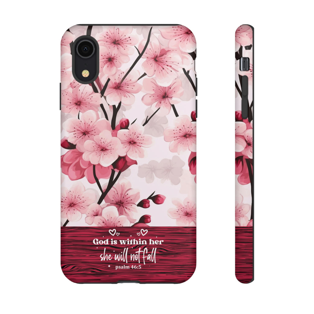 God Is Within Her Psalm 46:5 Floral Cherry Blossom Premium Christian iPhone Samsung Galaxy Google Pixel Phone Case