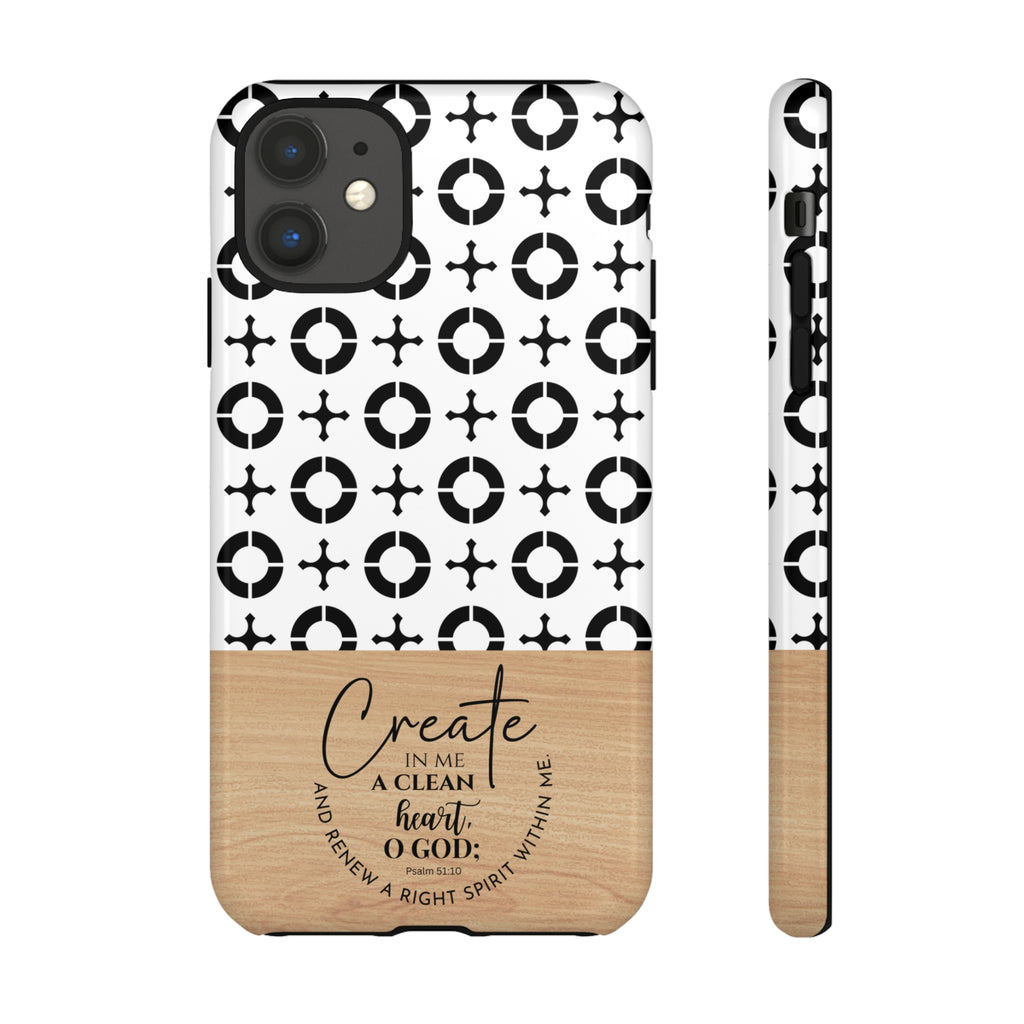 Psalm 51:10 Phone Case Create In Me A Clean Heart Tile Cross Wood Pattern iPhone Samsung Google Pixel Phone Case