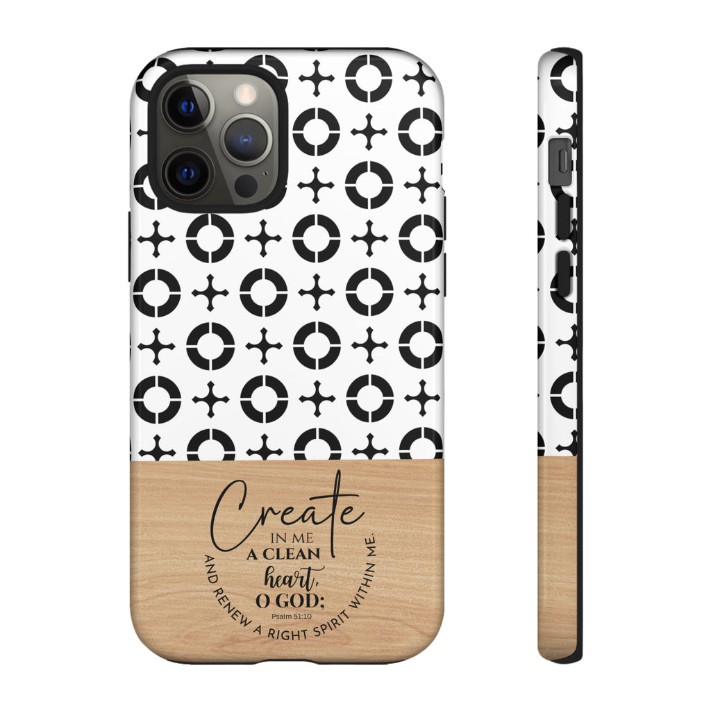 Psalm 51:10 Phone Case Create In Me A Clean Heart Tile Cross Wood Pattern iPhone Samsung Google Pixel Phone Case