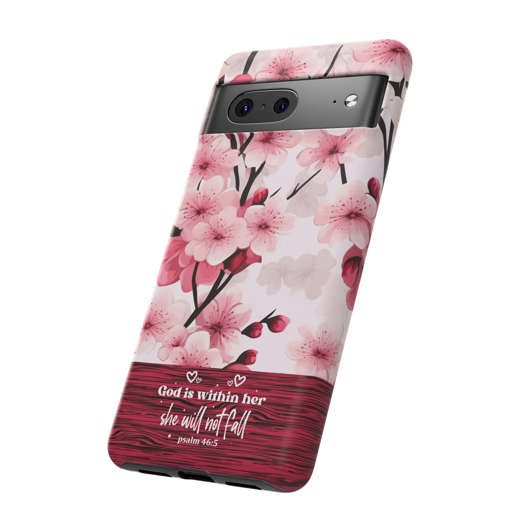 God Is Within Her Psalm 46:5 Floral Cherry Blossom Premium Christian iPhone Samsung Galaxy Google Pixel Phone Case