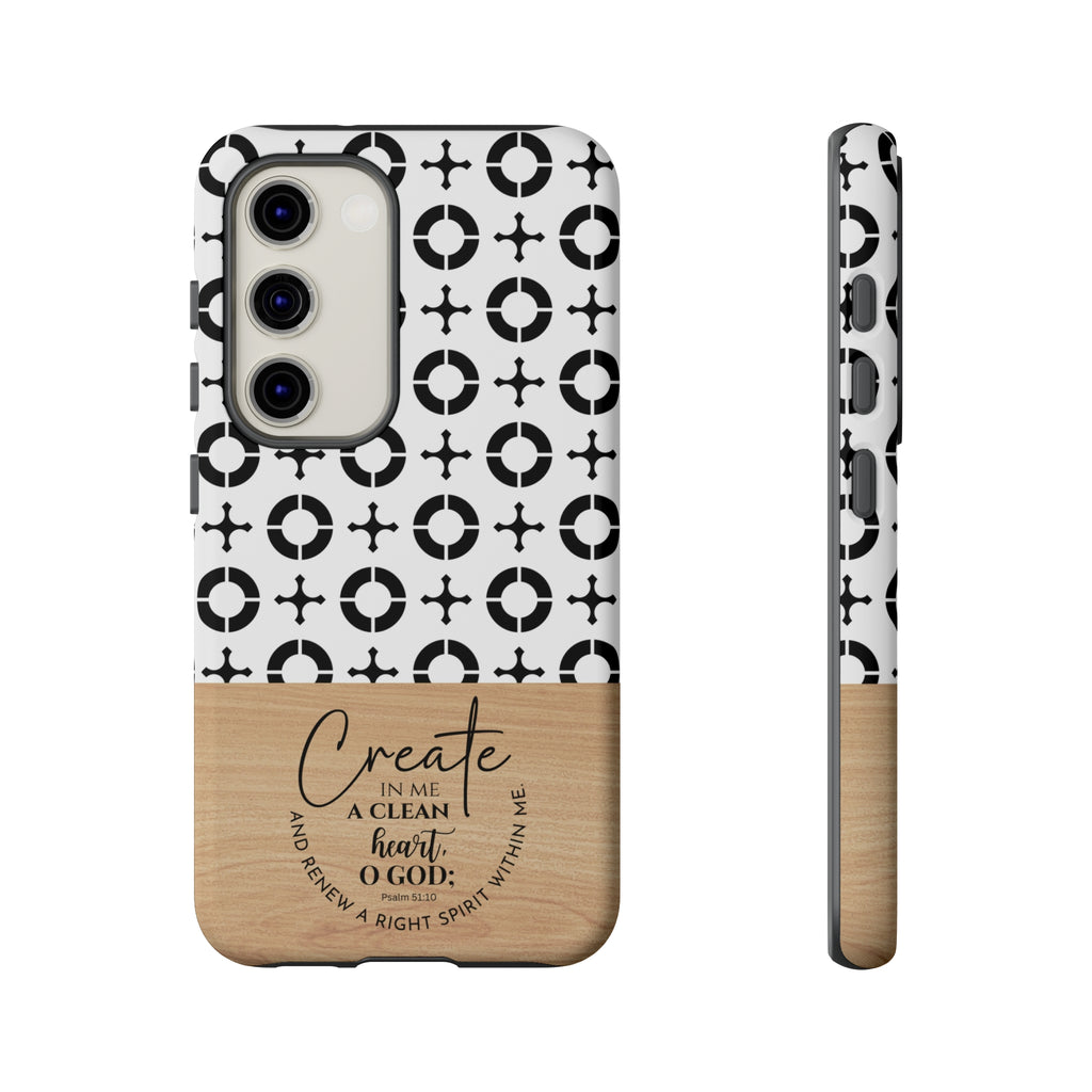 Psalm 51:10 Phone Case Create In Me A Clean Heart Tile Cross Wood Pattern iPhone Samsung Google Pixel Phone Case