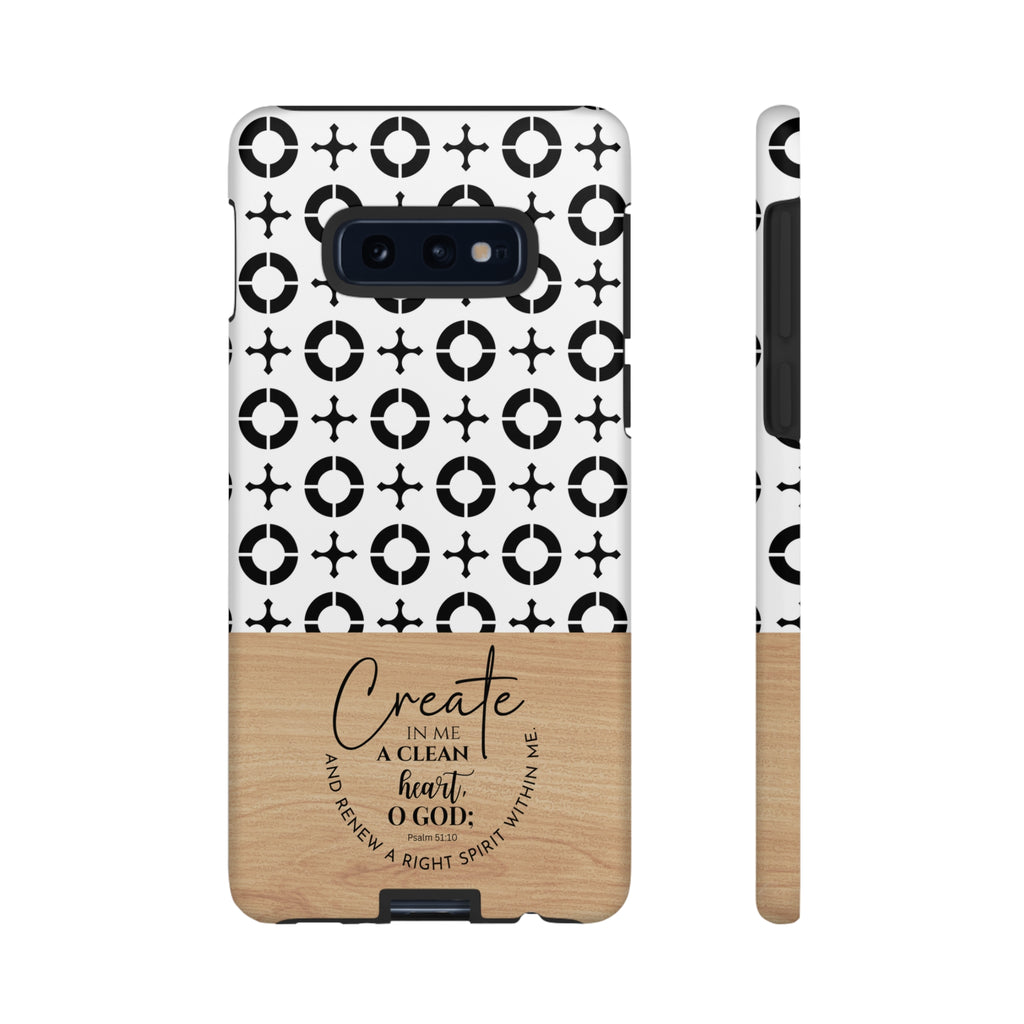 Psalm 51:10 Phone Case Create In Me A Clean Heart Tile Cross Wood Pattern iPhone Samsung Google Pixel Phone Case