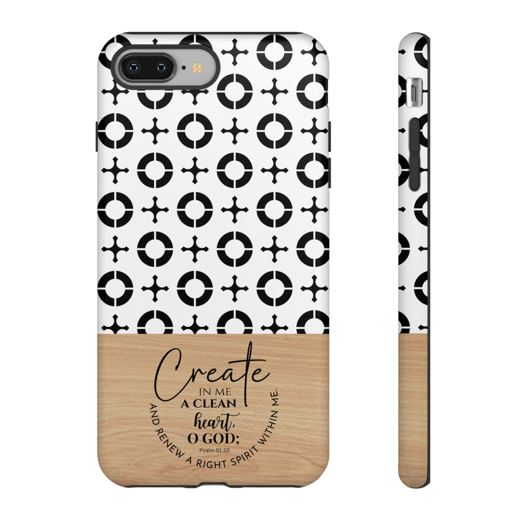 Psalm 51:10 Phone Case Create In Me A Clean Heart Tile Cross Wood Pattern iPhone Samsung Google Pixel Phone Case