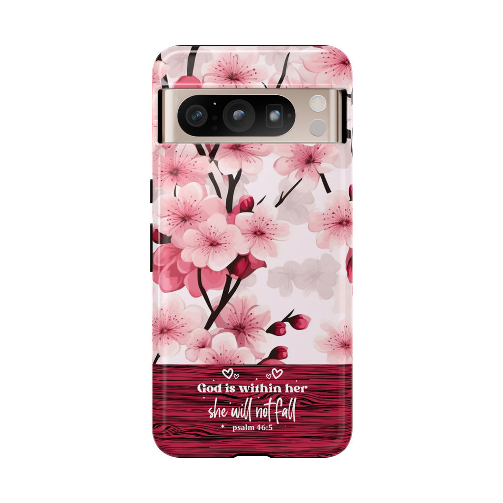 God Is Within Her Psalm 46:5 Floral Cherry Blossom Premium Christian iPhone Samsung Galaxy Google Pixel Phone Case