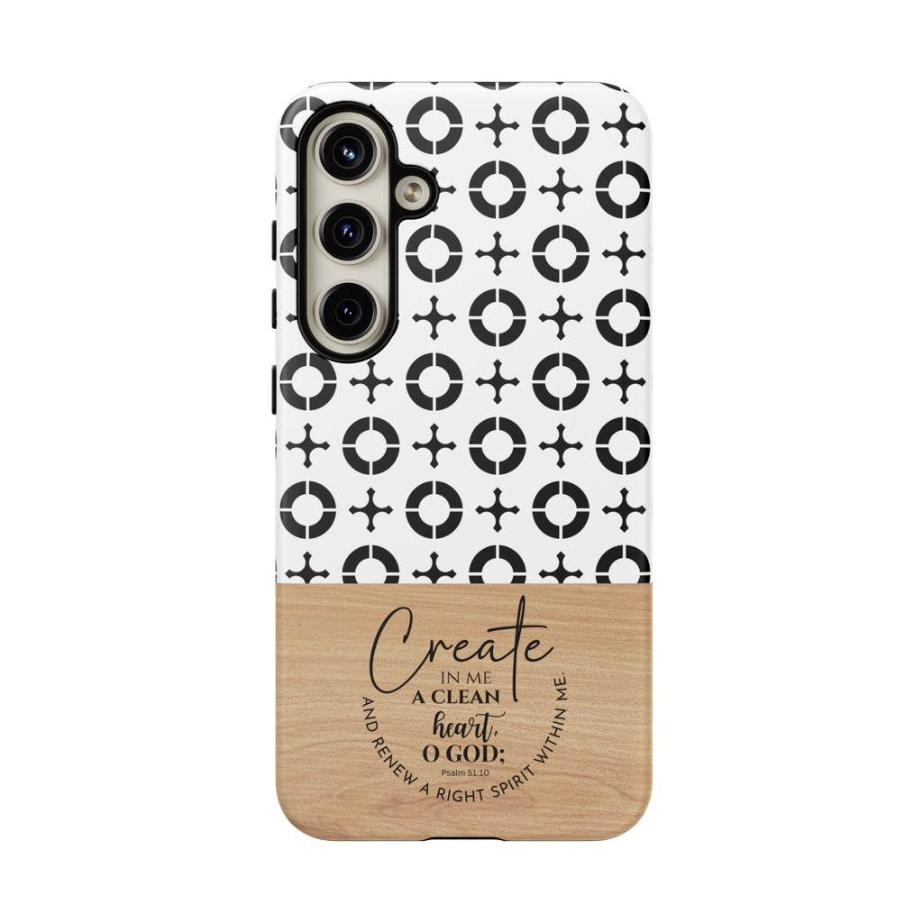 Psalm 51:10 Phone Case Create In Me A Clean Heart Tile Cross Wood Pattern iPhone Samsung Google Pixel Phone Case