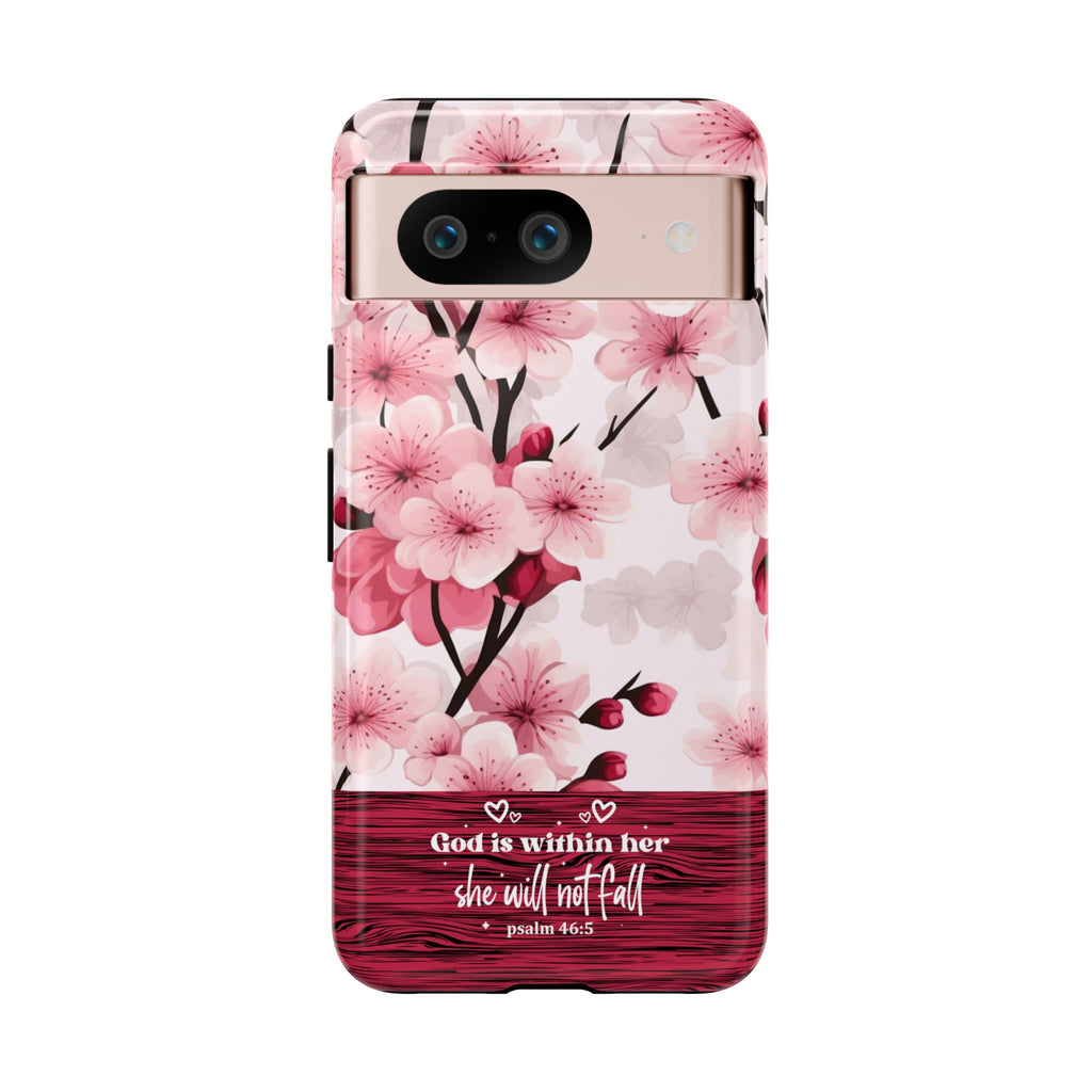 God Is Within Her Psalm 46:5 Floral Cherry Blossom Premium Christian iPhone Samsung Galaxy Google Pixel Phone Case