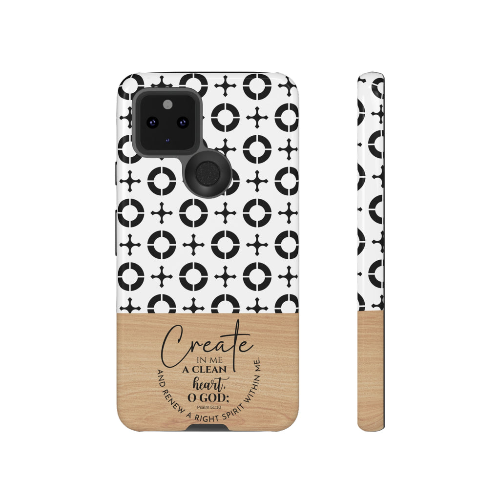 Psalm 51:10 Phone Case Create In Me A Clean Heart Tile Cross Wood Pattern iPhone Samsung Google Pixel Phone Case