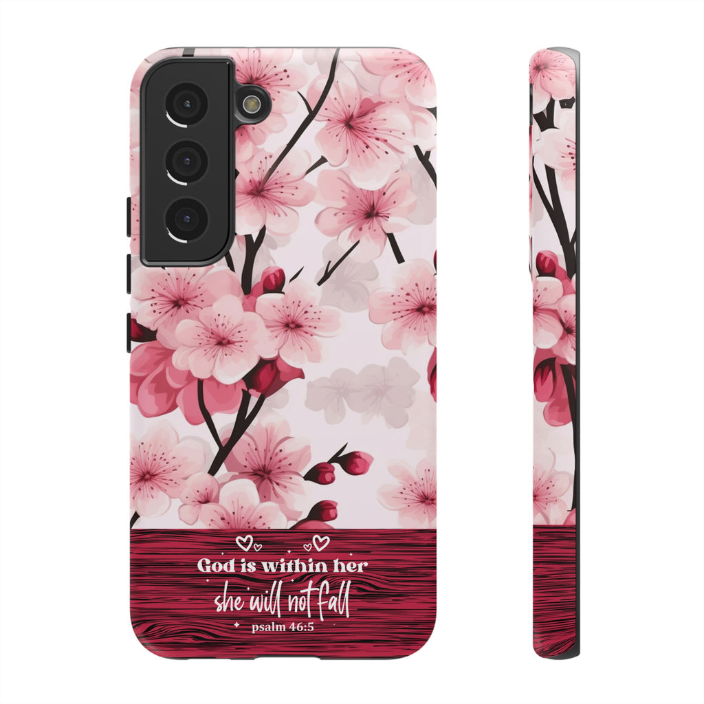 God Is Within Her Psalm 46:5 Floral Cherry Blossom Premium Christian iPhone Samsung Galaxy Google Pixel Phone Case