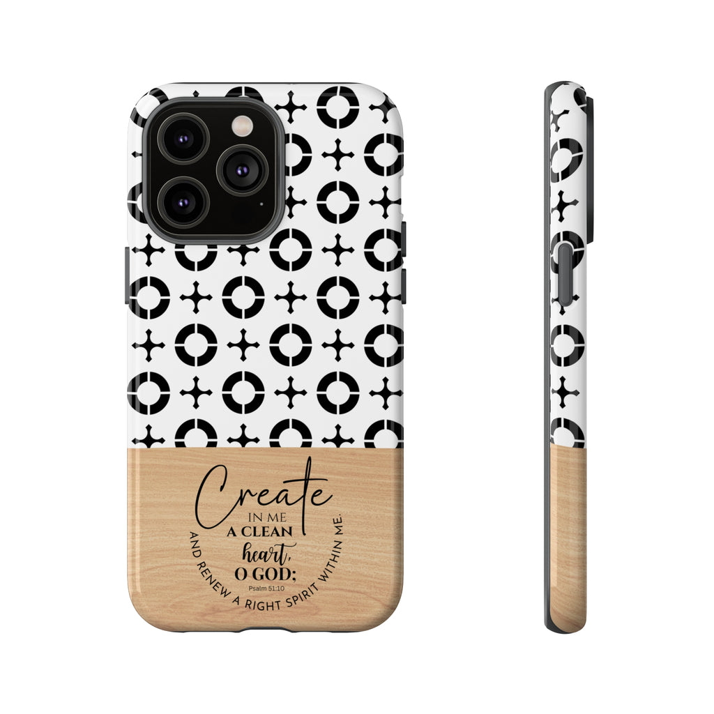 Psalm 51:10 Phone Case Create In Me A Clean Heart Tile Cross Wood Pattern iPhone Samsung Google Pixel Phone Case