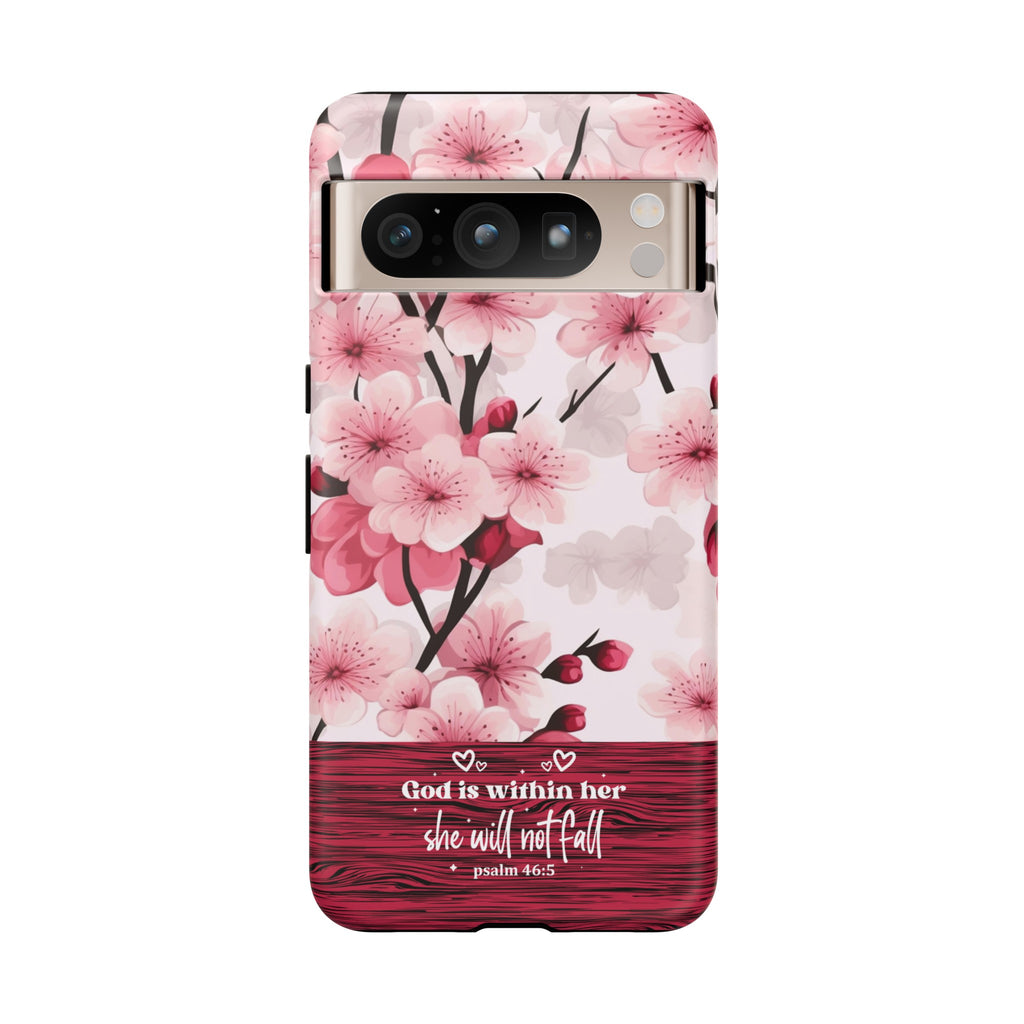 God Is Within Her Psalm 46:5 Floral Cherry Blossom Premium Christian iPhone Samsung Galaxy Google Pixel Phone Case