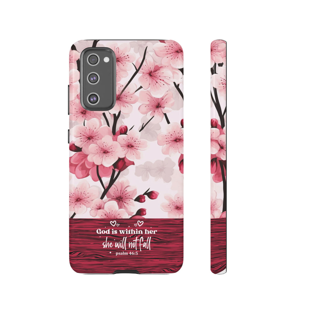 God Is Within Her Psalm 46:5 Floral Cherry Blossom Premium Christian iPhone Samsung Galaxy Google Pixel Phone Case