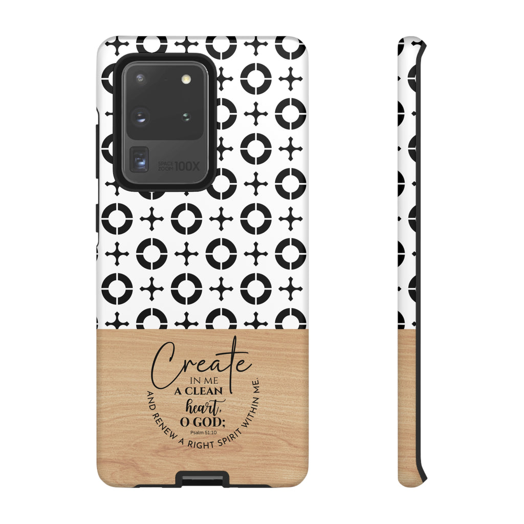 Psalm 51:10 Phone Case Create In Me A Clean Heart Tile Cross Wood Pattern iPhone Samsung Google Pixel Phone Case