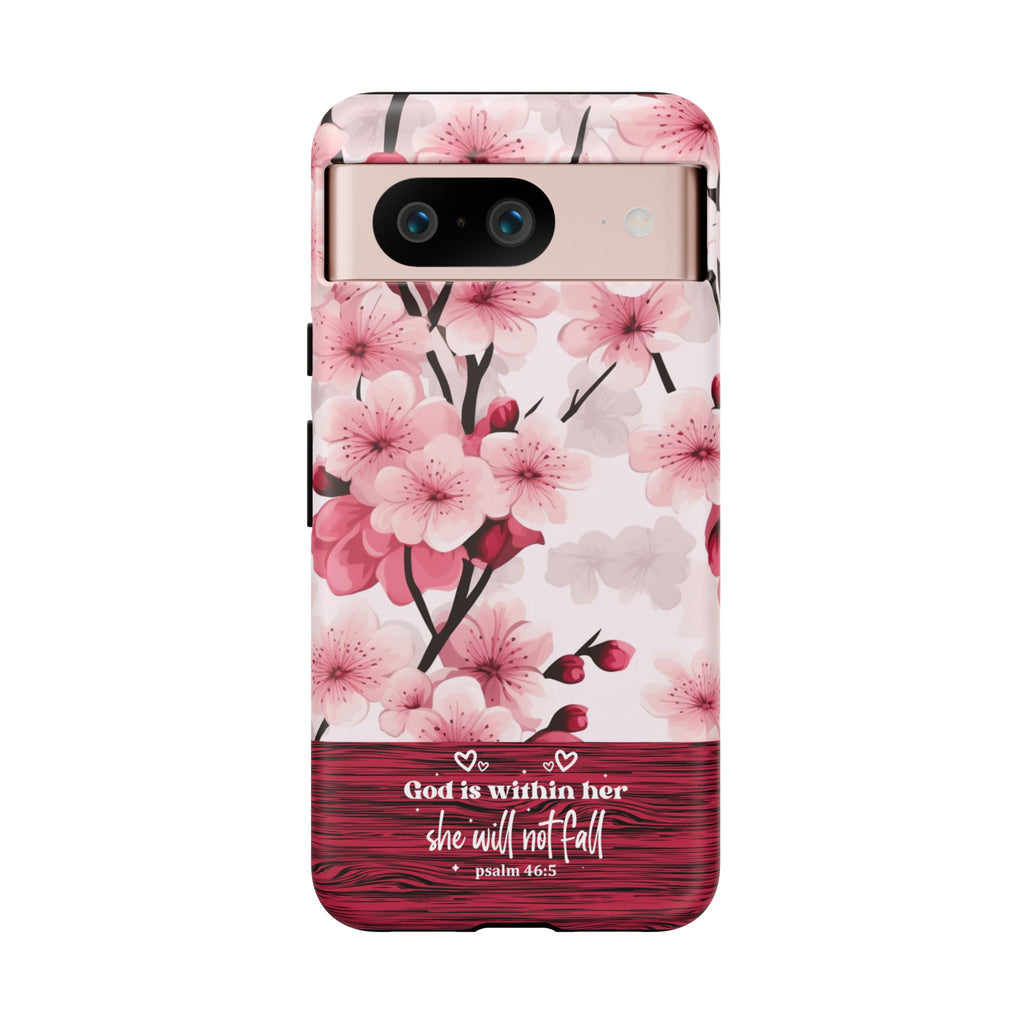 God Is Within Her Psalm 46:5 Floral Cherry Blossom Premium Christian iPhone Samsung Galaxy Google Pixel Phone Case