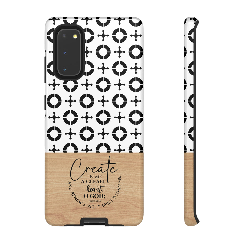 Psalm 51:10 Phone Case Create In Me A Clean Heart Tile Cross Wood Pattern iPhone Samsung Google Pixel Phone Case