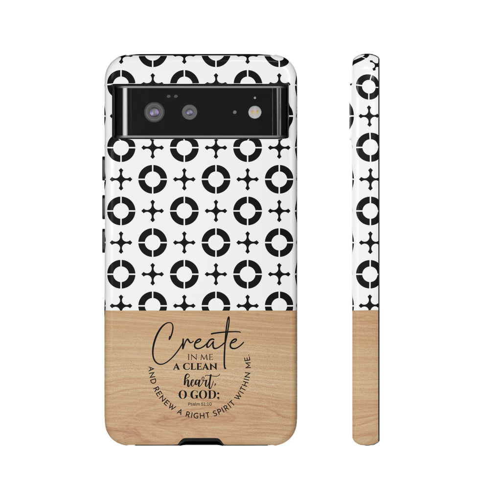 Psalm 51:10 Phone Case Create In Me A Clean Heart Tile Cross Wood Pattern iPhone Samsung Google Pixel Phone Case