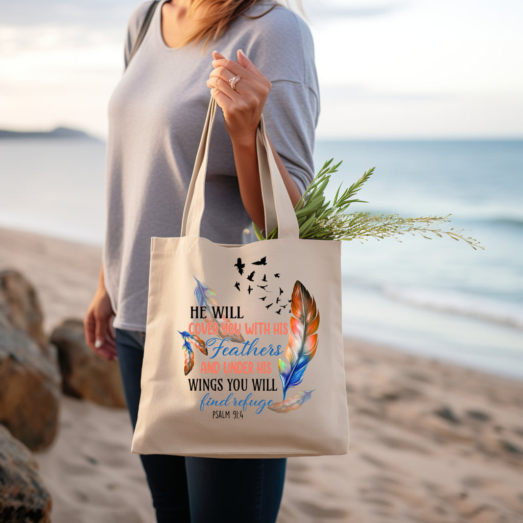 He Will Cover You With His Feathers Christian Tote Bag